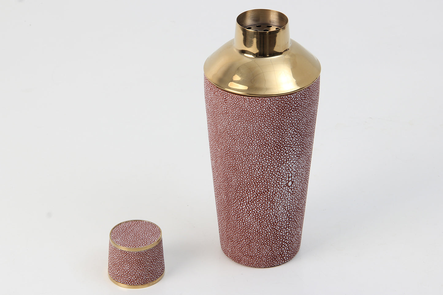 Coral shagreen cocktail shaker with built-in strainer