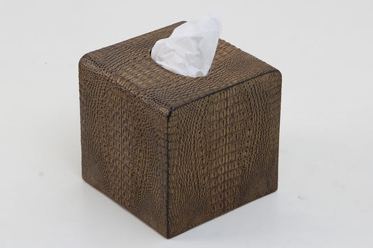Luxury square tissue box holder with realistic crocodile-embossed finish in rich brown tones