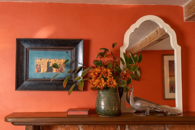 A classic Arden dressing table mirror with an almond white faux shagreen frame backed with walnut wood
