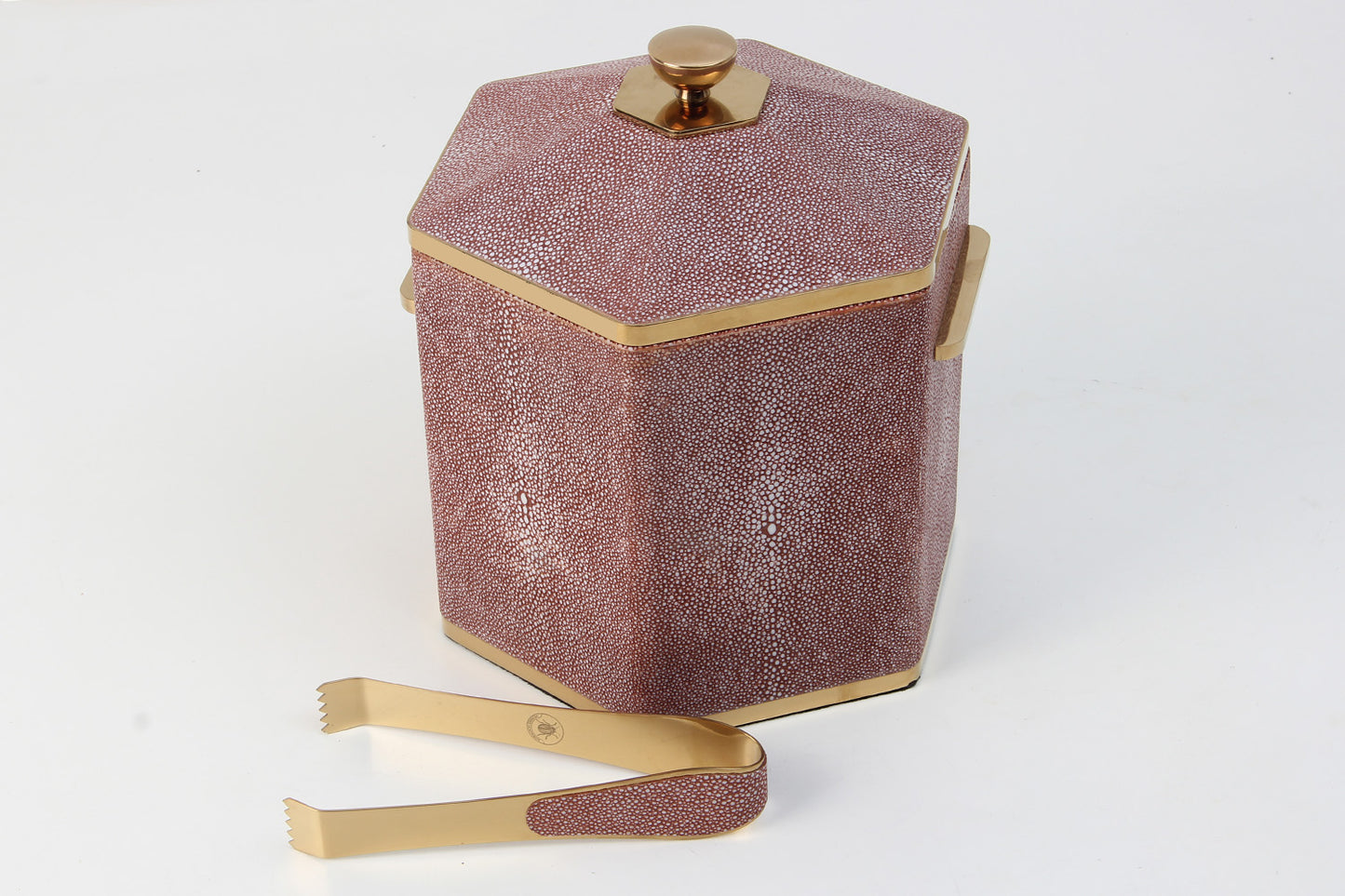 Coral Shagreen ice bucket with brass accents