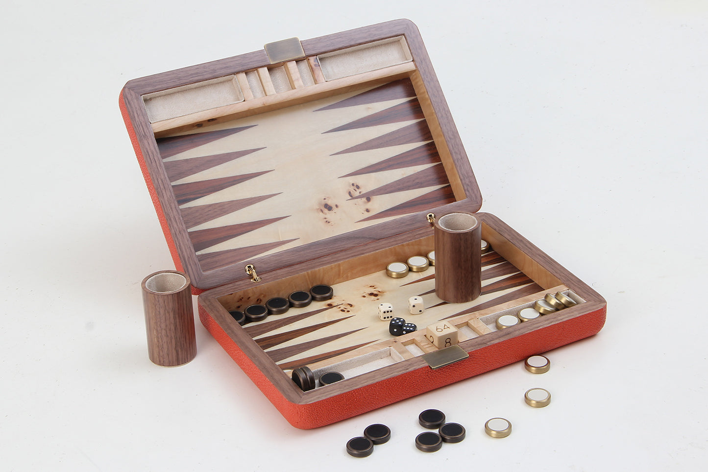 Travel Backgammon set in bold Orange shagreen