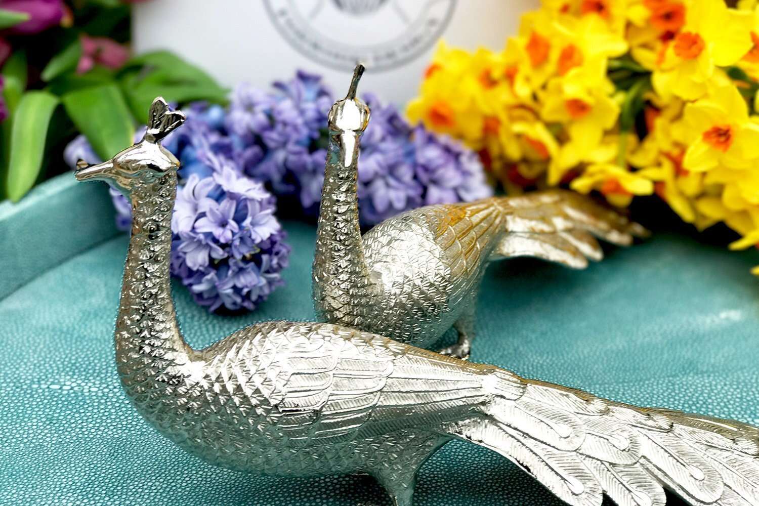 Dining table ornament Silver peacock Dining table sculpture