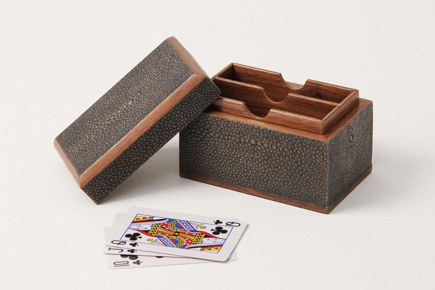 Open shagreen card box with two decks and walnut interior