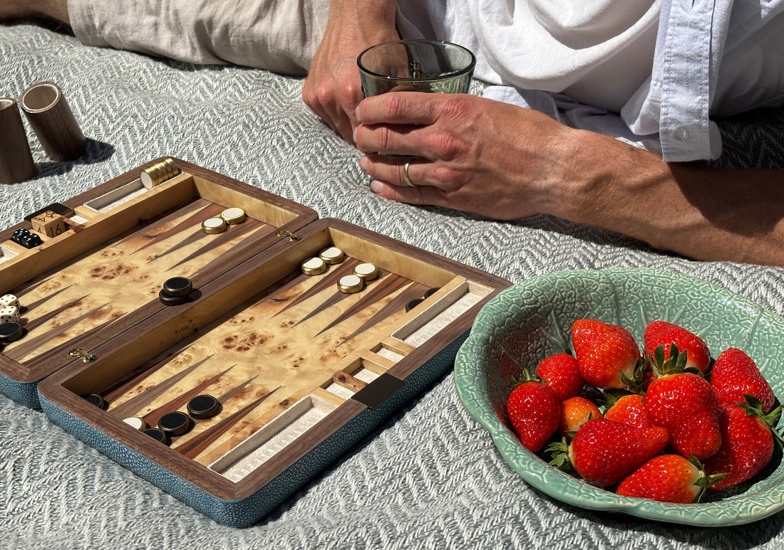 Travel backgammon board in blue shagreen by Forwood Design