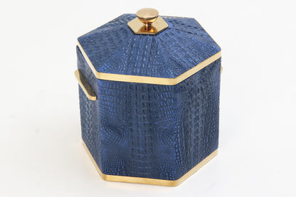Blue crocodile textured hexagonal Ice Bucket with gold accents