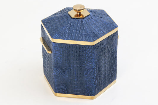 Blue crocodile textured hexagonal Ice Bucket with gold accents