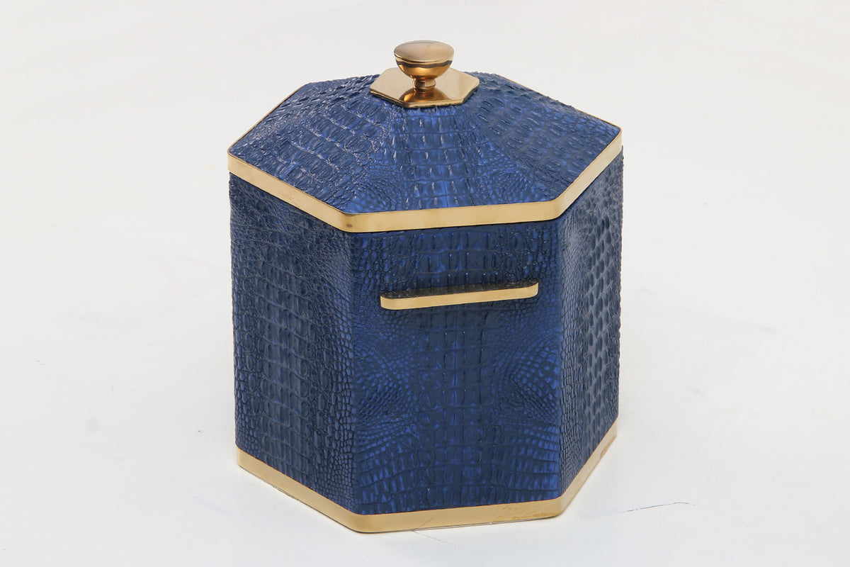 Blue hexagonal Ice Bucket with gold accents Luxury Wedding Gift