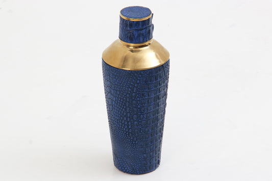 Luxury blue crocodile cocktail shaker with polished brass detailing and stainless steel interior