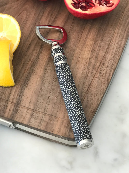 Bottle top opener in stailess steel and charcoal grey shagreen