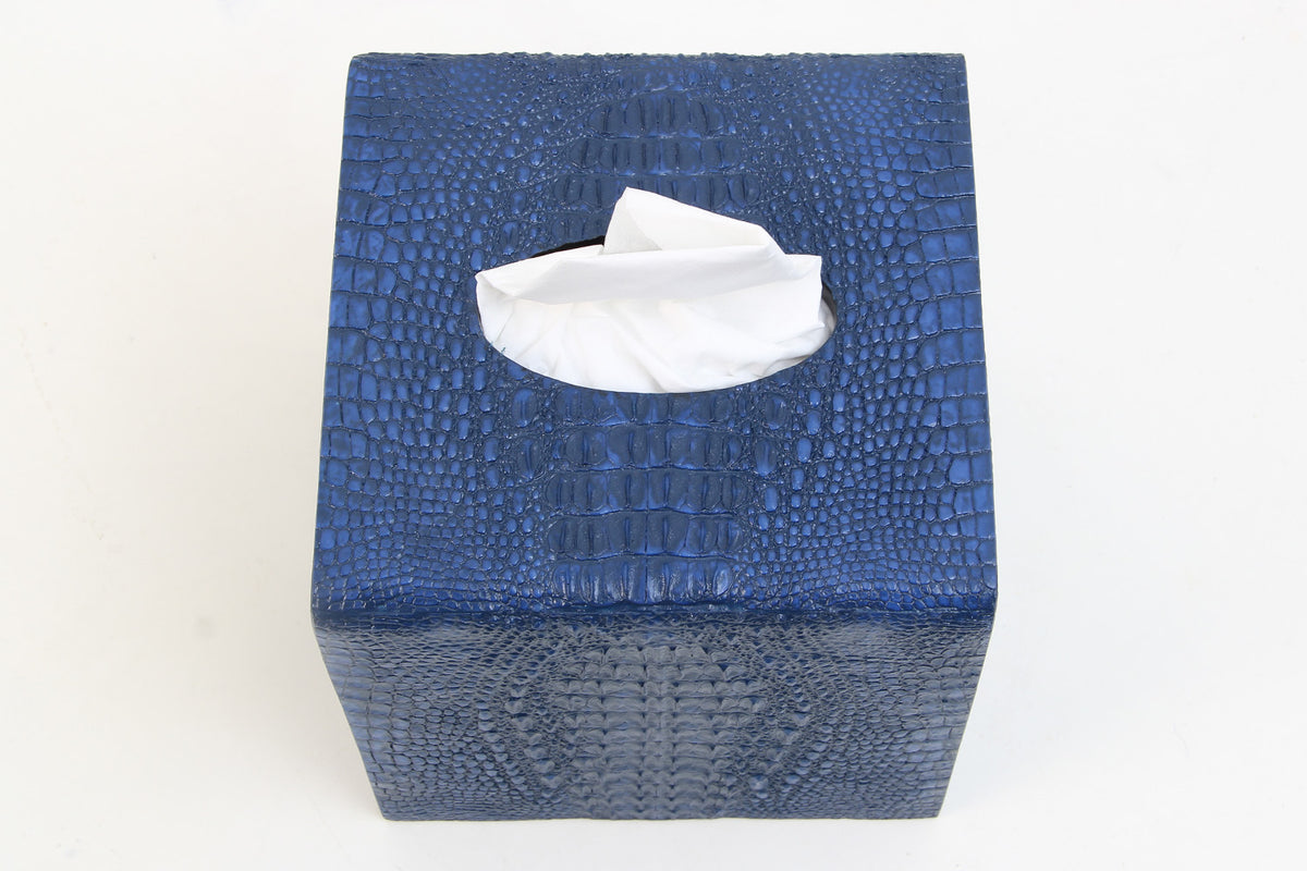 Blue Tissue Box Holder in Crocodile