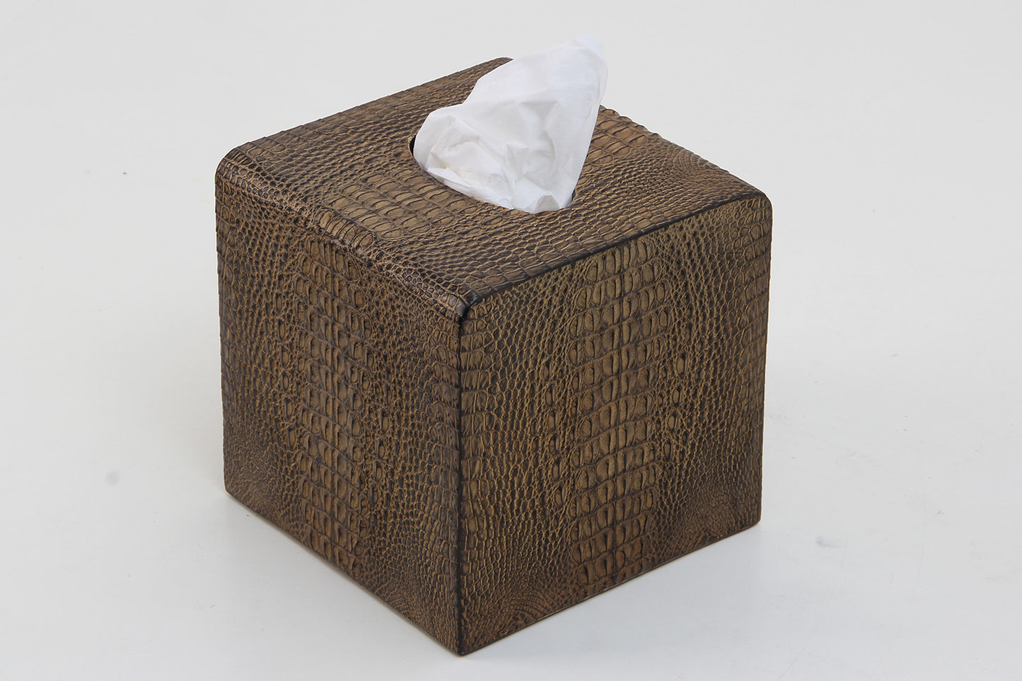 Luxury square tissue box holder with realistic crocodile-embossed finish in rich brown tones