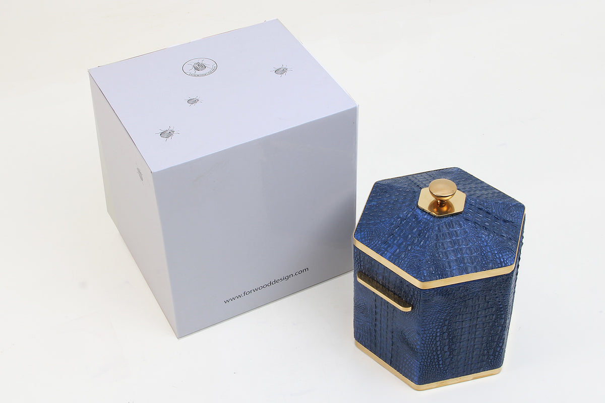 Blue Crocodile ice bucket with gold accents with gift pachaging