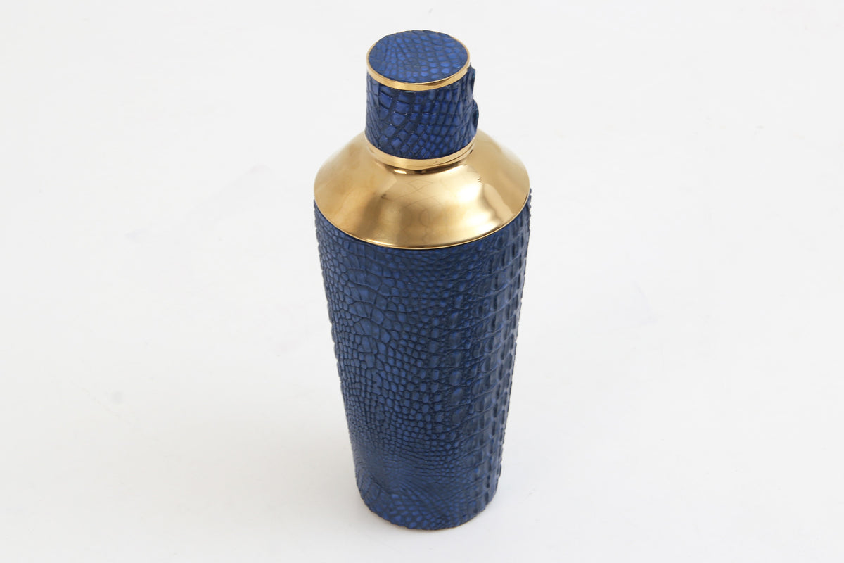Designer blue crocodile cocktail shaker with eco-friendly faux finish and polished brass trim