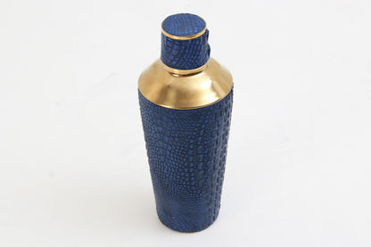 Designer blue crocodile cocktail shaker with eco-friendly faux finish and polished brass trim