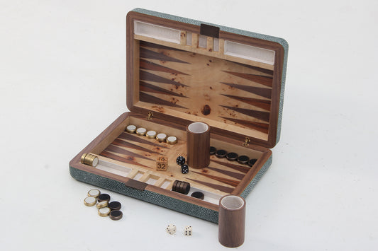 Travel backgammon set green exotic shagreen