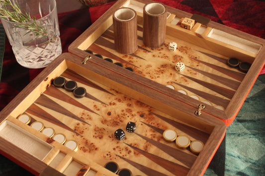 Travel backgammon set with orange shagreen