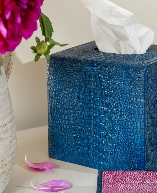 Blue Tissue Box Holder in Crocodile