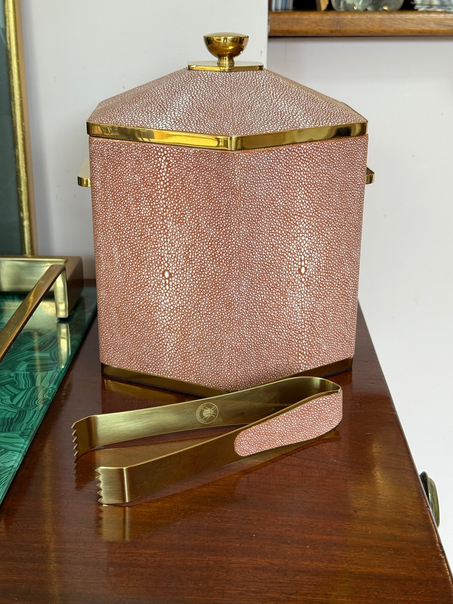 Coral Shagreen Ice Bucket and Tongs