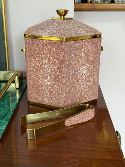 Coral Shagreen Ice Bucket and Tongs