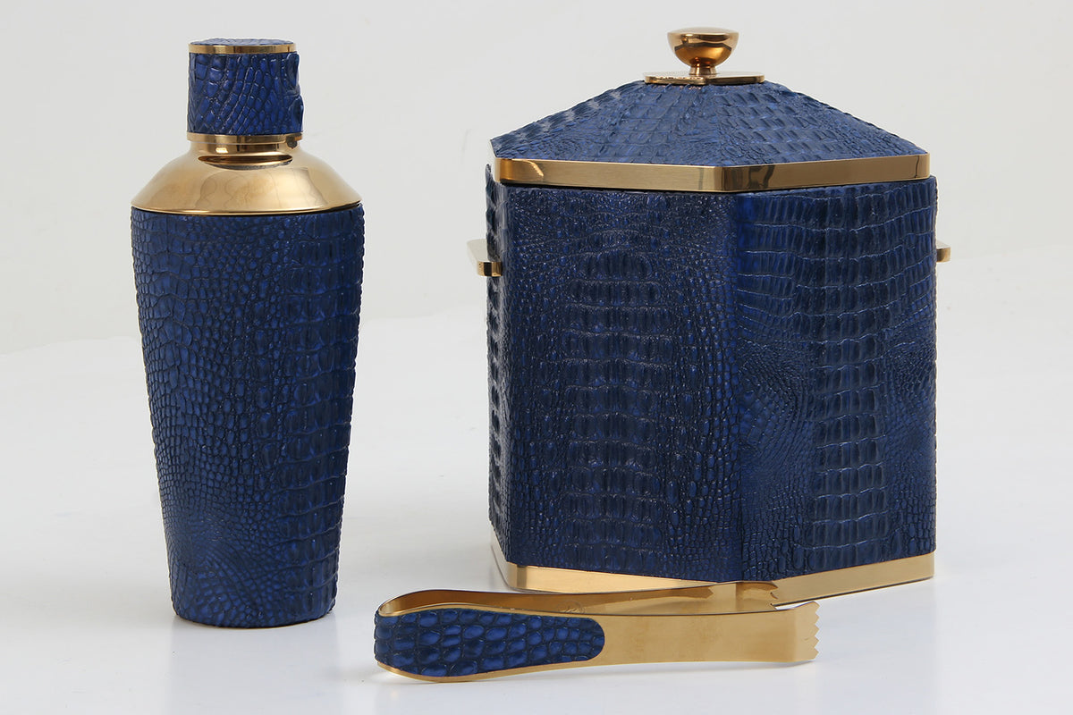 Blue crocodile cocktail barware set including shaker, ice bucket and matching brass ice tongs