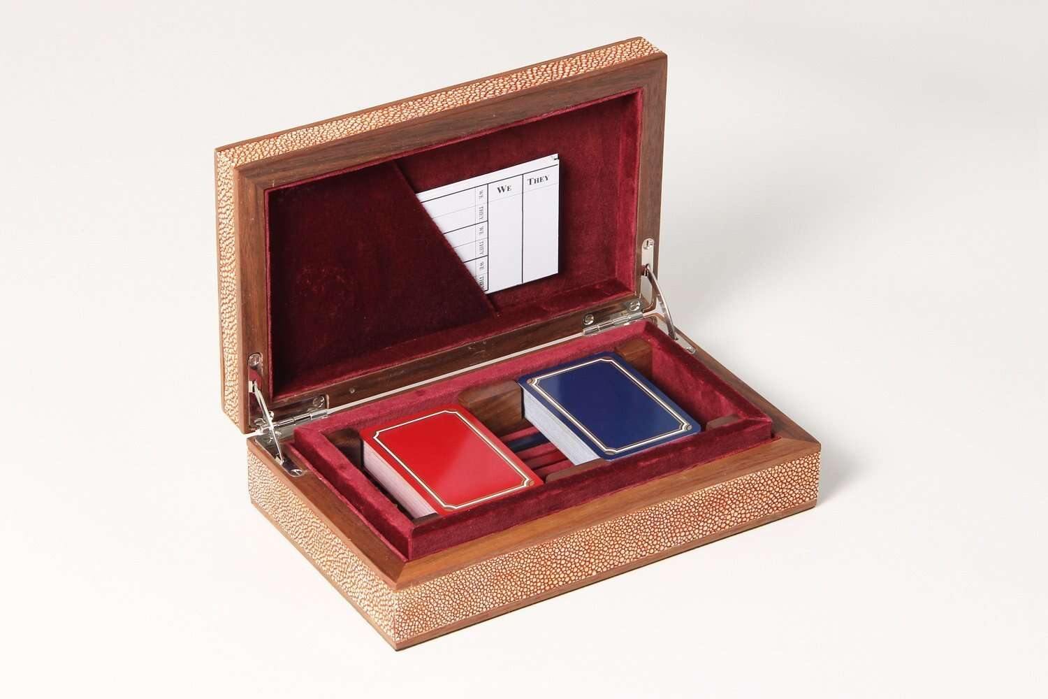 Quality playing cards in our luxury shagreen bridge set in coral