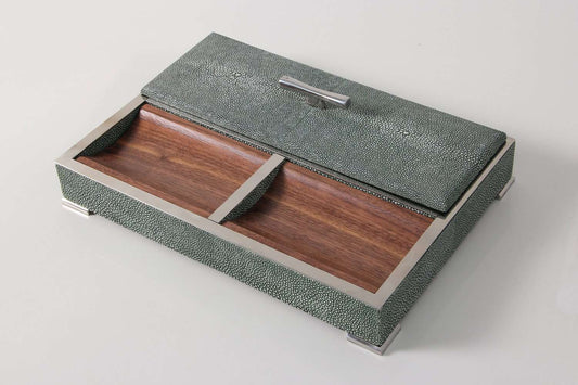 green-shagreen-valet-tray with secret compartments